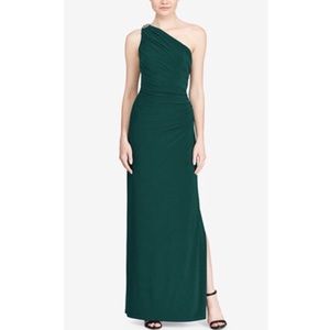 Lauren Ralph Lauren one shoulder brooch gown